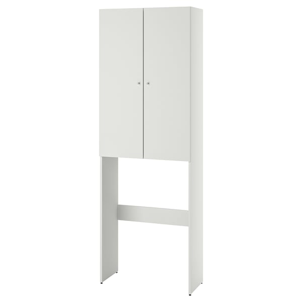Une armoire NYSJÖN blanche, au design épuré avec deux portes, parfaite pour ranger des objets au-dessus d’une machine à laver.