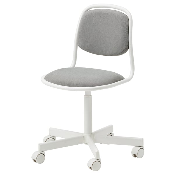 Chaise enfant blanche et grise : ÖRFJÄLL, assise en tissu, cadre en métal, 5 roulettes, ergonomique.