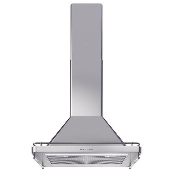Hotte de cuisine argentée avec lumière led, étagère à épices, acier inoxydable, forme triangulaire, design moderne.