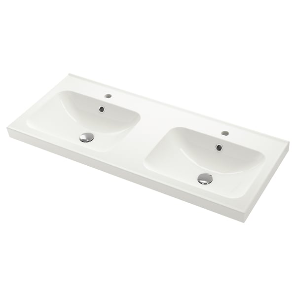 Vanité double vasque en blanc, design incurvé lisse. Parfait pour les salles de bains modernes.