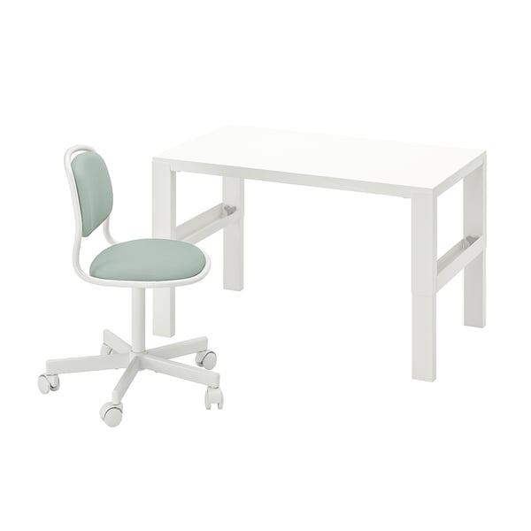 Bureau blanc moderne avec pieds en métal et chaise vert clair.