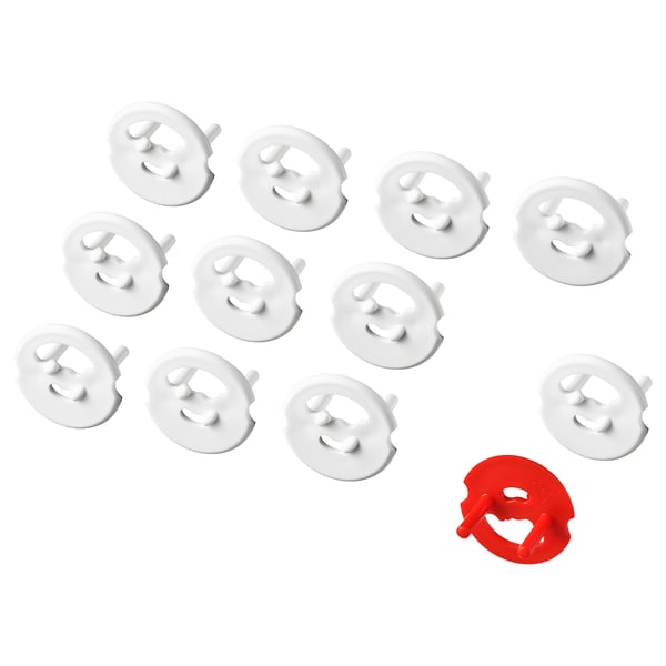 Onze fiches de sécurité en plastique blanc et une rouge pour le blocage des prises électriques.