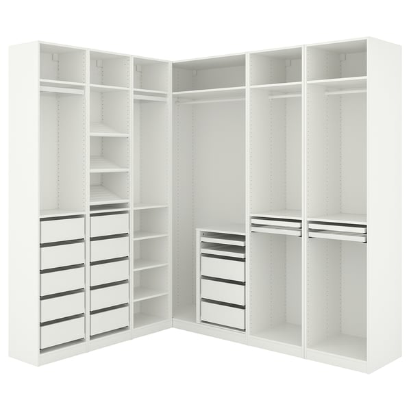 Armoire PAX blanche, grande unité d’angle avec étagères et tiroirs. Design moderne et minimaliste, panneaux de particules, acier.