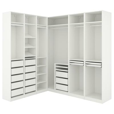 Armoire PAX blanche, grande unité d’angle avec étagères et tiroirs. Design moderne et minimaliste, panneaux de particules, acier.