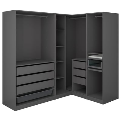 Cette image est une armoire d’angle PAX gris foncé avec des étagères et des tiroirs, idéale pour ranger vêtements et accessoires.