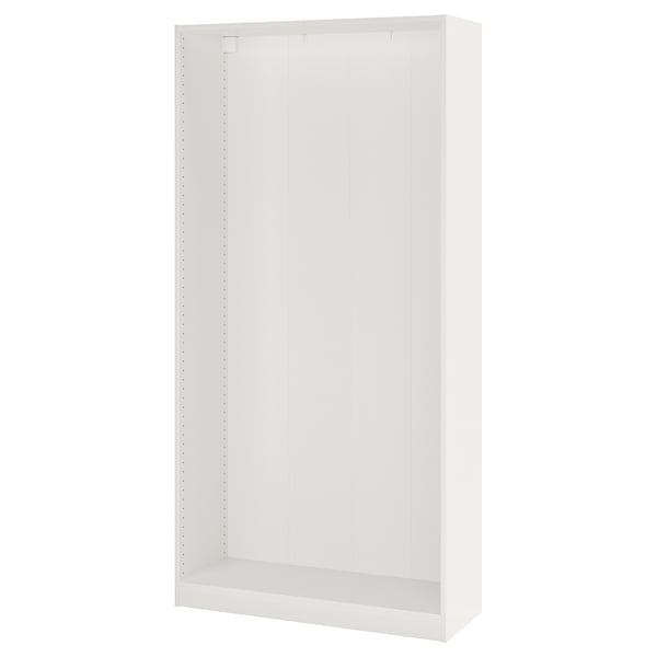 Un cadre d’armoire ikea PAX blanc, rectangulaire, prêt à être assemblé, avec un design minimaliste.