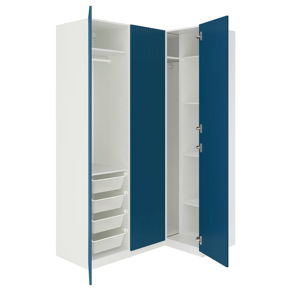 Armoire ouverte bleue et blanche avec étagères et paniers. Série PAX, design moderne.