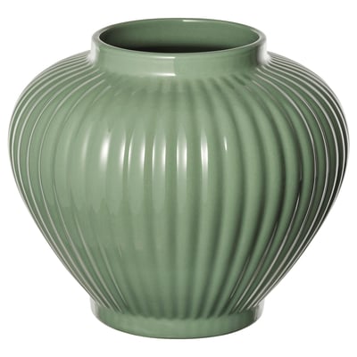 Vase PELARBJÖRK : grès émaillé gris-vert, brillant, forme bulbeuse arrondie, élégantes rainures verticales.