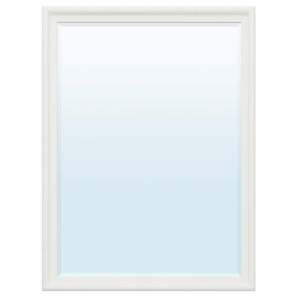 Un miroir PINGSTSYREN avec un cadre en pin blanc. Il a des bords biseautés et peut être suspendu verticalement ou horizontalement.