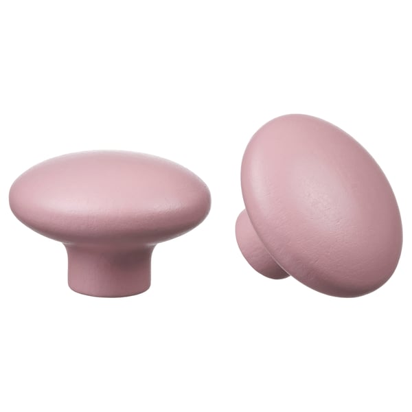 Deux boutons en bois rose, ronds et lisses, pour poignées de tiroirs.