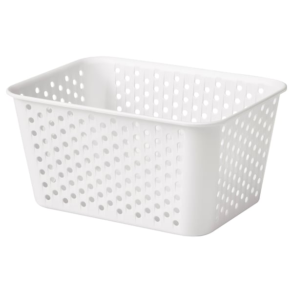 Affiche un panier de rangement en plastique rectangulaire blanc avec de nombreux petits trous. Il s’agit d’un design minimaliste, adapté à l’organisation de petits objets.