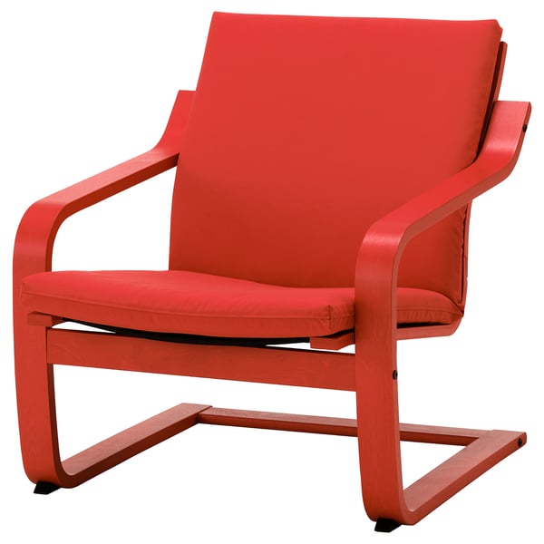 Fauteuil rouge, design moderne, cadre en bois incurvé, assise et dossier rembourrés, fait partie de la collection nytillverkad.
