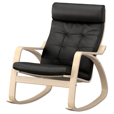 Fauteuil à bascule POÄNG, siège et dossier en cuir noir, cadre en bois courbé.