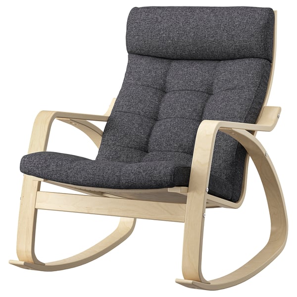 Chaise berçante POÄNG, gris, bois et tissu, incurvée, confortable.