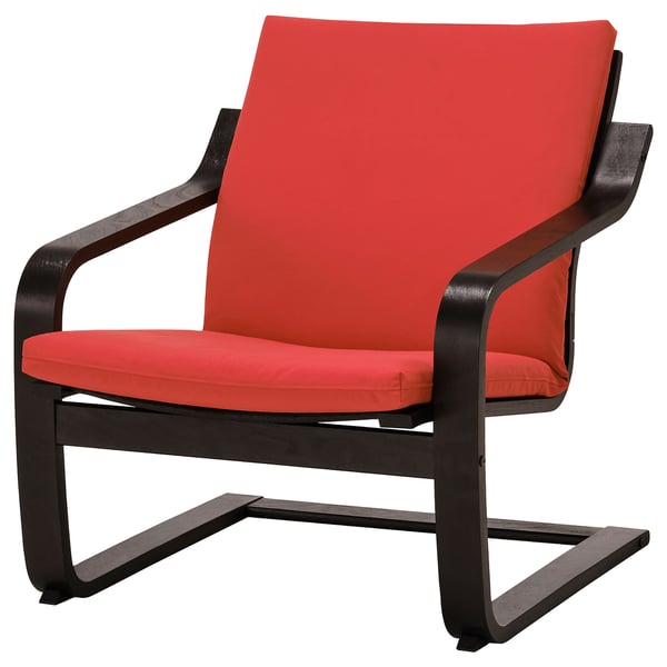 Chaise rembourrée rouge vif avec cadre en bois foncé, design moderne et élégant.