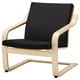 Chaise POÄNG, bois clair, coussin noir, design moderne, assise, dossier, accoudoirs incurvés.
