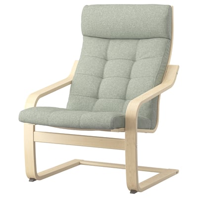 Chaise POÄNG en tissu gris clair avec structure en bois clair, rembourrée, design élégant.