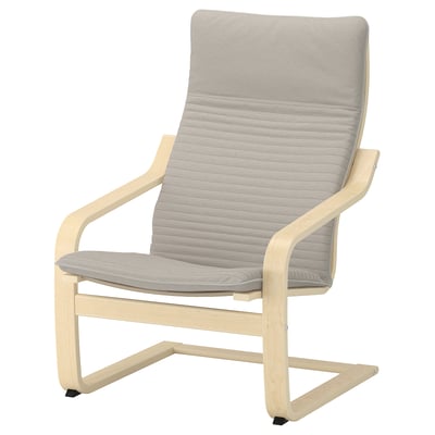 Chaise POÄNG : bois clair, coussins gris, design arqué, résilience confortable.