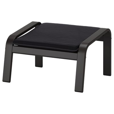 Repose-pieds POÄNG noir, élégant et moderne, avec des pieds incurvés et une assise striée pour plus de confort.