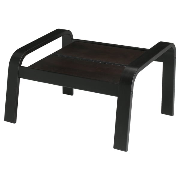 Tabouret POÄNG brun foncé et noir avec assise en bois et pieds en métal, idéal pour les décors modernes.