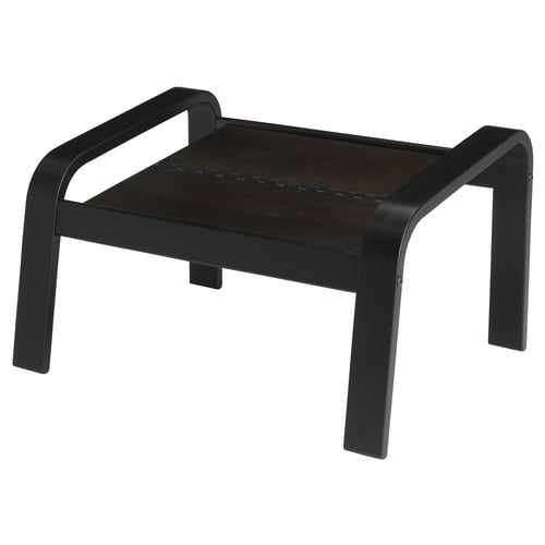 Tabouret POÄNG brun foncé et noir avec assise en bois et pieds en métal, idéal pour les décors modernes.