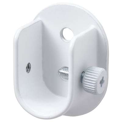 Support mural en métal blanc avec deux vis, un trou circulaire et une découpe semi-circulaire, utilisé pour suspendre des rideaux.