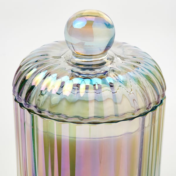 Pot en verre iridescent avec couvercle festonné, décoratif, de haute qualité, probablement pour les bougies.