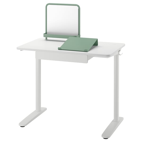 Bureau RELATERA en blanc avec tableau magnétique vert et tiroir. Forme moderne, rectangulaire, aux lignes épurées.