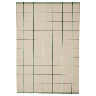 RIDSTIG : tapis en coton à carreaux blanc cassé et vert, rectangulaire, à tissage plat pour un nettoyage facile.