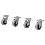 Quatre roulettes RILL grises, deux avec freins, des supports métalliques, des roues circulaires avec des bandes de roulement en caoutchouc, conçues pour faciliter le déplacement des meubles.