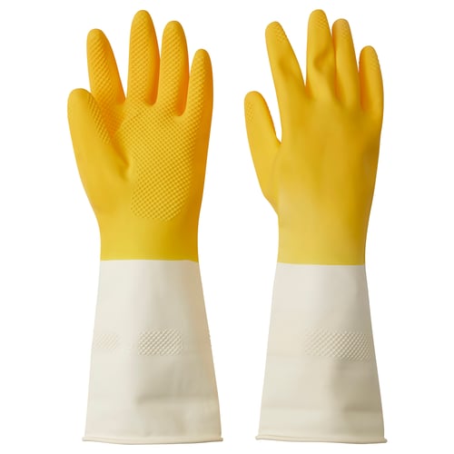 Gants en caoutchouc jaune et blanc, bouts des doigts texturés, latex naturel.