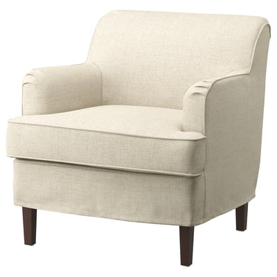Fauteuil ROCKSJÖN, beige, tissu doux, accoudoirs roulés, pieds en bois.