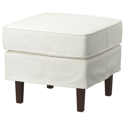 ROCKSJÖN : pouf carré blanc avec pieds en bois foncé, design moelleux et épuré.