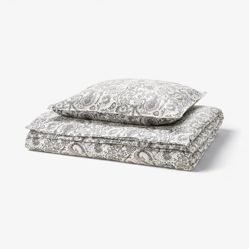 Couette et taie d’oreiller en cachemire gris RODGERSIA, mélange coton-viscose, motif floral, forme carrée, fermeture boutonnée.