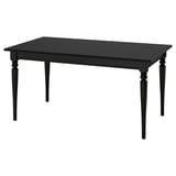 Table à manger extensible ROSENTORP noir, rectangulaire, pieds en bois massif, plateau en mélamine, rangement sous la feuille.