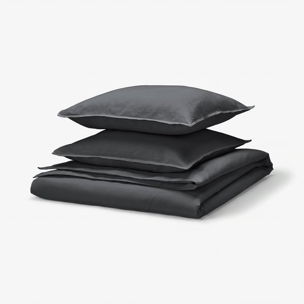 Ensemble de lit gris foncé RUNDHAGTORN : comprend couette et taies d’oreiller, design ridé, mélange lin-coton.