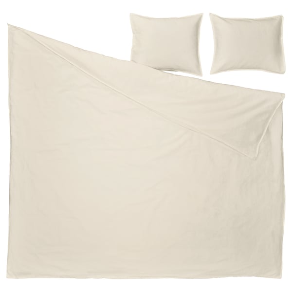 Parure de lit beige avec couette et deux oreillers, en mélange lin-coton froissage-chic, prélavée pour plus de douceur, avec oreillers à fermeture enveloppe.