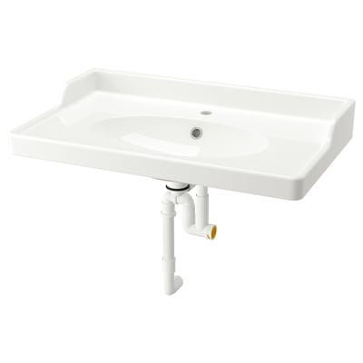 Lavabo en céramique RUTSJÖN blanc, rectangulaire, avec système d’évacuation.