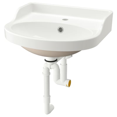 Un lavabo de salle de bain semi-encastré blanc, RUTSJÖN, avec un dosseret surélevé, un drain en acier inoxydable et une plomberie connectée.