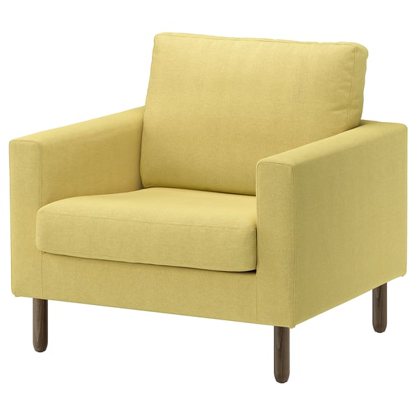 Un fauteuil moderne vert vif avec des coussins carrés, des pieds en bois et des lignes épurées. Option de sièges confortables et élégants.