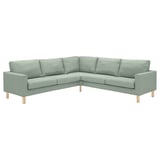 Canapé d’angle vert clair moderne, pieds en bois élégants, polyester recyclé.