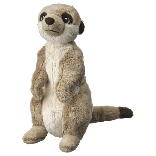 Mignon jouet suricate en peluche, beige, doux, assis droit, avec des pieds et des oreilles brun foncé.