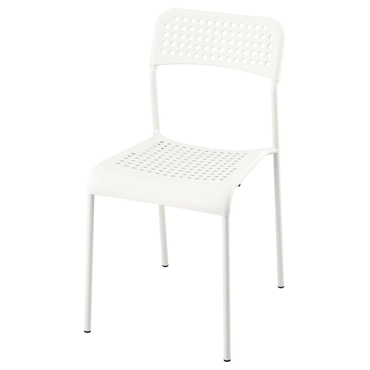Sandberg : chaise empilable blanche, assises perforées, résine et acier, design moderne.