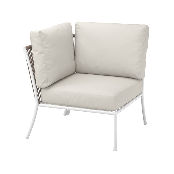 Chaise d’extérieur blanche, SEGERÖN, avec coussins beige clair, cadre en acier, assise d’angle.