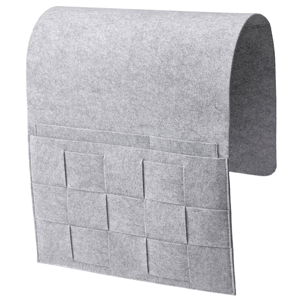 Poche de lit en feutre de polyester gris, forme incurvée avec motif quadrillé.