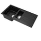 Évier de cuisine noir à double vasque avec égouttoir, en sable de quartz et acrylique, forme rectangulaire au design moderne.