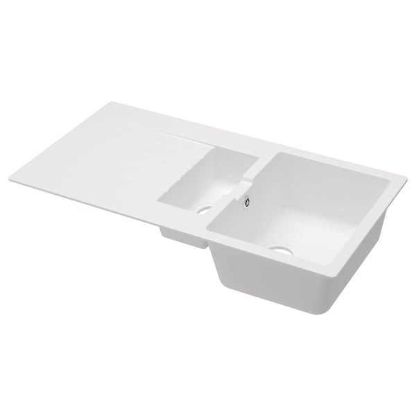 Évier SINKSJÖN blanc, de forme rectangulaire, avec égouttoir, sable de quartz et plastique acrylique.