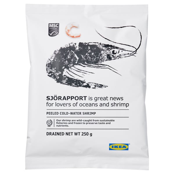 Emballage des crevettes IKEA sjörraport, met en évidence le logo marin, image des crevettes, poids égoutté de 250 g, certifié durable MSC.