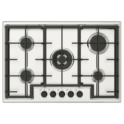 Table de cuisson à gaz en acier inoxydable avec 4 brûleurs, allumage électronique, supports en fonte robustes.