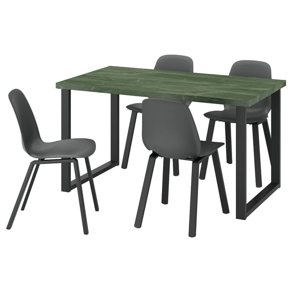 SKÅLSTA Table et 4 chaises, effet marbre gris-vert foncé en forme de U noir-gris/plastique noir profilé métal/noir-gris, 140x80 cm